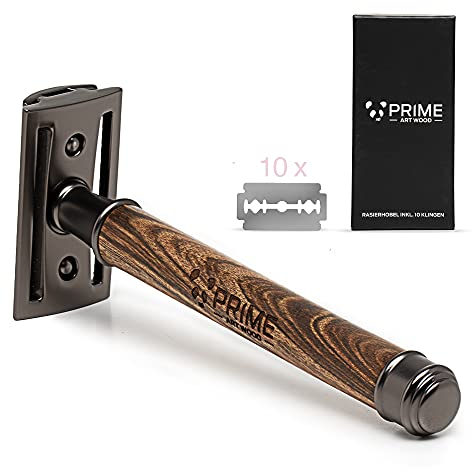 PRIME ART WOOD Rasierhobel Herren & Damen inkl. 10 Rasierklingen mit Griff aus Zebraholz I Nachhaltiger Rasierer, Leaf Razor, Nassrasierer Herren