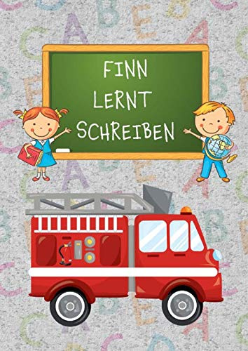FINN LERNT SCHREIBEN: Schreiblernheft A4 für Erstklässler und Schreibanfänger zum Schreiben lernen und üben. Feuerwehr-Motiv. Dreifach-Lineatur mit Haus | 1. Klasse.