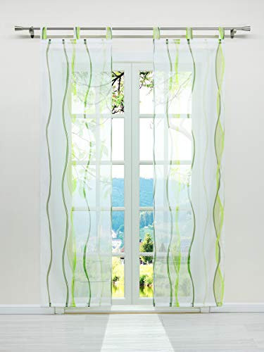 ESLIR Schiebegardinen Set 2er Flächenvorhänge Gardinen mit Schlaufen Schiebevorhang Transparent Vorhang mit Wellen Druck Voile Grün BxH 57x145cm 2 Stück
