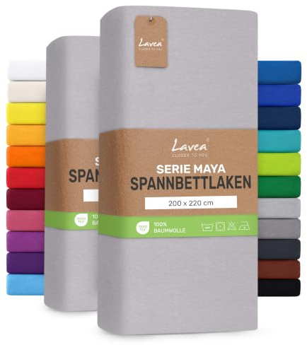 Lavea® 2er Pack Spannbettlaken 200x220cm – Silber | 100% Baumwolle – Für Boxspringbetten und Wasserbetten – Für Matratzen bis ca. 35 cm Höhe – Formstabil