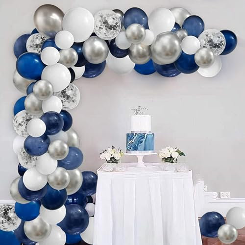 124pcs Blue Silver White Balloons Garland Arch Kit 5/10/12/18 Inch Royal Navy Blue White Metallic Silver Confetti Set for Birthday Wedding Graduation Party Father's Day Decor