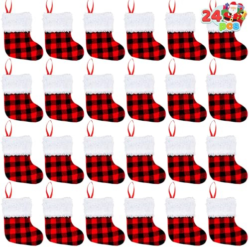 JOYIN 12 PCS 5” Mini Christmas Stocking,Red Black Plaid Xmas Stockings for Christmas Tree Decoration, Party Favors and Holiday Season Supplies