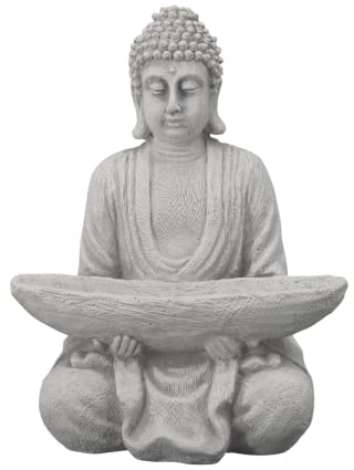 gartendekoparadies.de Bouddha en pierre massive avec bol moine - Décoration de jardin - En pierre - Résistante au gel, Gris,blanc, 27 cm, (Buddha)