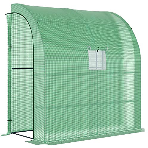 Outsunny Walk-In Lean to Wall Greenhouse with Windows and Doors, Outdoor Green House with 3 Tiers 4 Wired Shelves, 200L x 100W x 215Hcm, Green