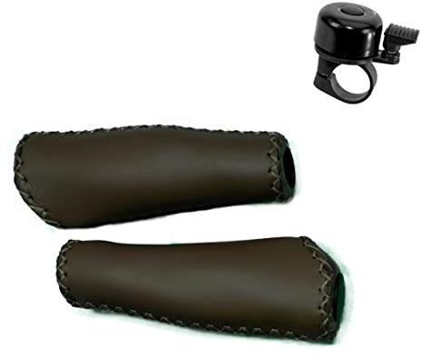 Knus Lenkergriffe Fahrradgriffe Kunstleder Lang/Lang 135/135 mm in dunkel braun inkl. 1 x Fahrradklingel