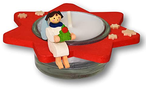 Graupner Holzminiaturen® | Roter Teelicht Stern mit Engel aus Holz | Original Erzgebirgische Holzkunst® | Hochwertige Handarbeit | Tischschmuck