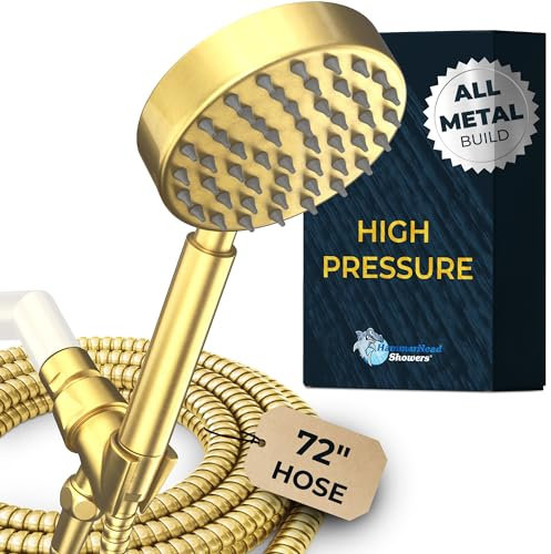 Handbrause aus Metall, mit Schlauch und Messing-Halterung, gebürstetes Gold, 2,5 GPM Hochdruck-Duschköpfe, Handbrause mit verstellbarer Brausestabhalterung, 1,8 m flexible Verlängerung