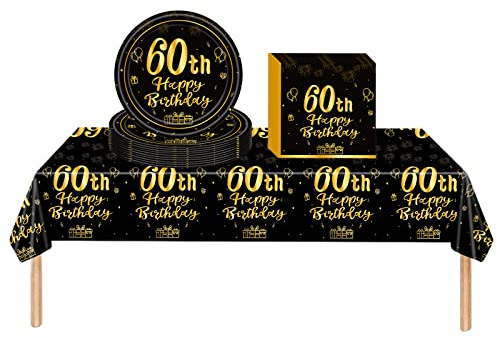 COSORO Black Gold 60th Birthday Plastic Table Cloth,Paper Plates Napkins Tableware Set,37P Decorations Disposable Kit for Women,Men,Lady,Him,Her Gifts Party Décor
