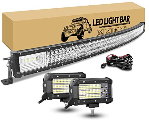 RIGIDON 130 cm 52 Zoll 675W Gebogene Led Lichtleiste mit 12v Kabelbaum Kit | 2 x 13 cm 135W Flood Offroad Zusatzscheinwerfer, Wasserdicht Arbeitslichtleiste Lightbar für Auto KFZ ATV LKW Fahrzeuge