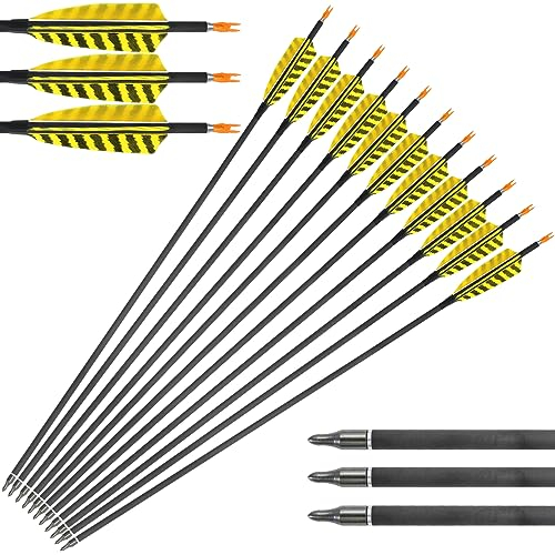 12 Stück 28-31 Zoll Spine 600 Bogenpfeile Reine Carbonpfeile Mit Gelb Gestreifte Truthahnfedern Jagdpfeile Für Die Jagd Im Freien Für Recurvebogen Langbogen Compoundbogen Und Jagdbogen (31Zoll)