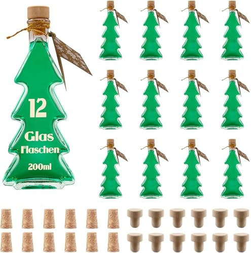 slkfactory 12 x 200 ml Glasflaschen Tannenbaum Flaschen Flasche Tanne Weihnachtsflaschen Likörflaschen Schnapsflaschen 0,2 Liter l (12 Stück)