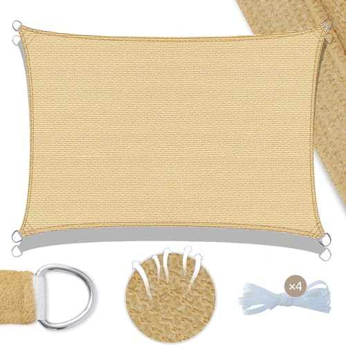 UMI Sonnensegel 2,5x4m Rechteckig HDPE Winddurchlässig 95% UV Schutz mit Seilen für Garten Balkon Terrasse Camping-Sand