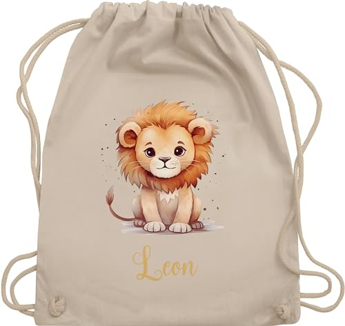 Turnbeutel Rucksack - Süßer Löwe mit Name personalisiert I Löwen Geschenk I Zootiere I König der Tiere I Leu - Unisize - Naturweiß - kindergarten personalisierte kindergartentasche löwenmotiv