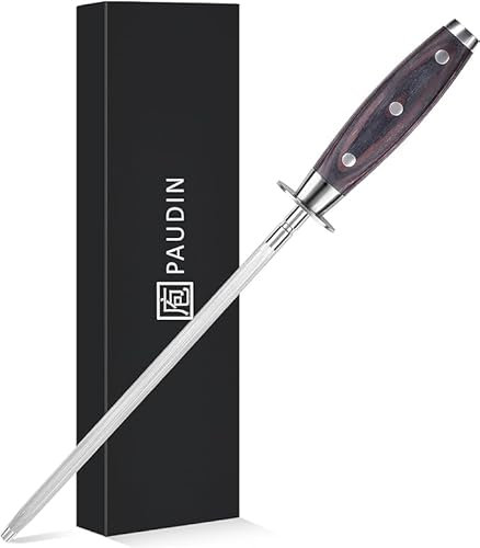 PAUDIN 10 Inch Honing Steel, Knife Sharpener, Professional Carbon Steel Knife Sharpener Rod for Kitchen Knives