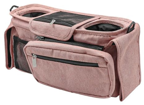 NUZAMAS Universeller Kinderwagen-Organizer, rutschfeste Riemen, Kinderwagen-Caddy mit isoliertem Getränkehalter, abnehmbare Handytasche und Schultergurt, Kinderwagen-Tasche, Caddy-Organizer, Rosa