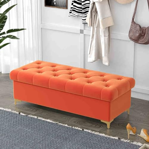 Ottomane Mit Stauraum, Bänke Für Schlafzimmer, Garderobenbank Innenbank ，Bettbank Mit Stauraum, Gepolsterte Rechteckige Akzentbank Mit Goldenen Beinen Für Flur/Eingangsbereich, Polsterbank(Orange,120x
