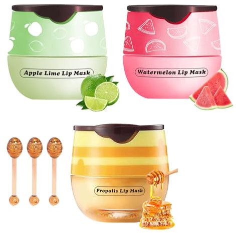 3Pcs Bee Lip Balm Honey Pot with Stick, Lip Mask Day And Night Repair and Care, Moisturizing Lip Sleeping Cream, Silky Hydrate Repair Prevent Dry Cracked Lip Exfoliator(Honey+Apple Lime+Watermelon)