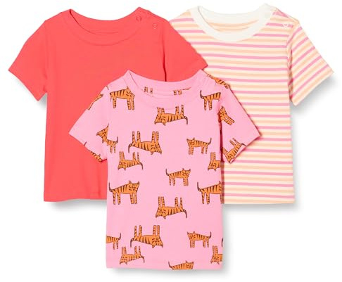 Amazon Essentials Magliette Maniche Corte Unisex Bambini e Ragazzi, Pacco da 3, Righe/Rosso/Tigrata, 4 Anni