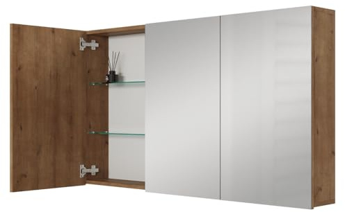 Planetmöbel ARIA Spiegelschrank Bad 120 cm breit | Badschrank hängend mit Spiegel | Gold Eiche, ohne Leuchte und Steckdose, Spiegelschrank Gäste WC 120 x 70 x 16 cm