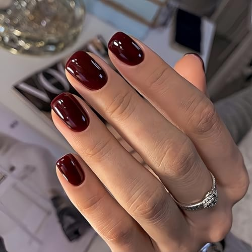 SXVME Dark Red Press on Nails Short Square Burgundy Short False Nails Coffin Natural Acrylic Fake Nails Set Sheer Maroon Full Cover Glossy Gel Stick on Nails for Women Fall Winter 24 Pcs