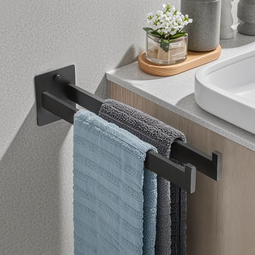 FYY Handtuchhalter No Bohren Edelstahl Handtuchstange Wandbefestigter Selbstklebender Handtuchhaken Zwei Arme 40 cm für Badezimmer, Schwarz