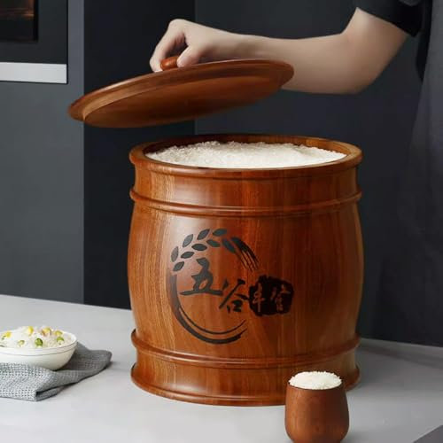Rice Storage Container With Lid Traditional Chinese Style rice container Wooden Cereal Dispenser Food Storage Jars for Cereal Flour Sugar Coffee Rice(Small)