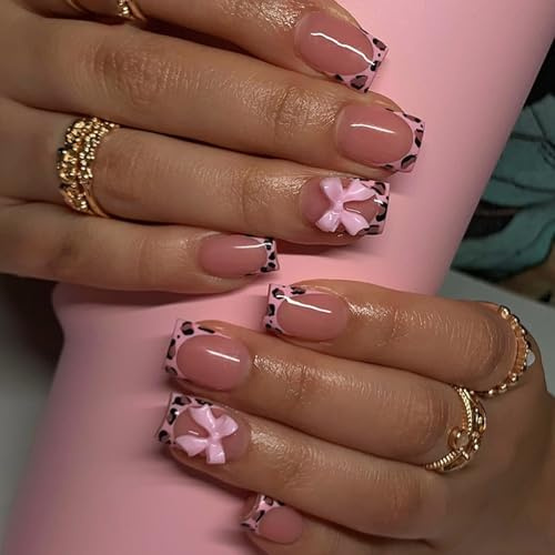 Ceboic 24 Stück Rosa Schleife French Press on Nails Kurz, Square Nägel zum Aufkleben Full Cover Kunstnägel Künstliche Nägel mit Schleife Design, Natürlich Acryl Fingernägel Fake Nails für Frauen