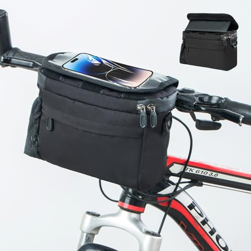 Lenkertasche Fahrrad, 5L Fahrradtasche Wasserdicht Fahrradkorb Vorne Tasche, Fahrrad Tasche Mit Touchscreen Handyhalterung Und Flaschenhalter, Fahrradtasche Für E-Bike, Mountainbike (Schwarz)