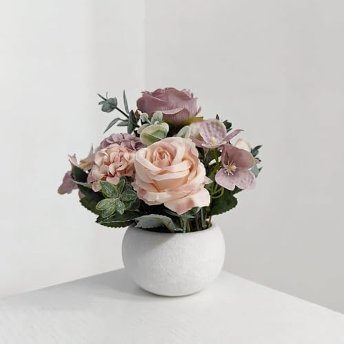 Lot de mini plantes artificielles en pot - Pivoine violette - Hortensia - Vase rond en papier mâché - Décoration pour bureau, chambre à coucher