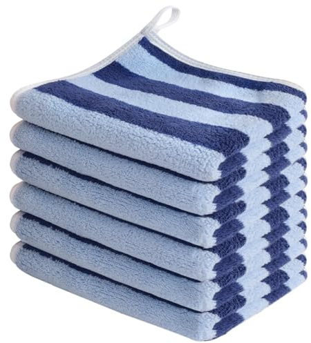 SINLAND 6 Stück Mikrofaser Gesichtstücher Waschbar Abschminktücher schnell trocknend Waschlappen saugfähig Gesichtsreinigungstücher weiches Make up Entferner Tücher 30 x 30 cm Dunkelblau Streifen