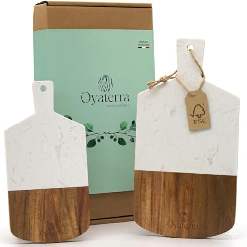 OYATERRA® - Planche Apéro Bois & Marbre – Lot de 2 Plateaux Fromage et Charcuterie – Élégant en Acacia FSC® – Planche de Service Cuisine – Coffret Cadeau Premium Oyaterra