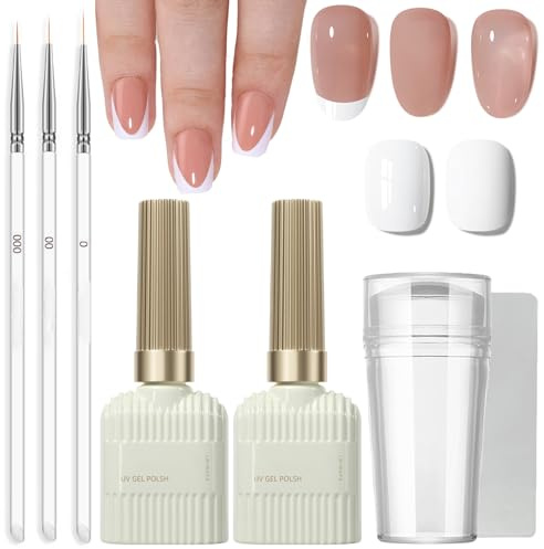French Manicure Nail Polish Set - french manicure gel polish | White Gel Nail Polish & Jelly Nude With Tip Stamp & 3pcs Nail Art Pen - Long Lasting UV/Led For Home & Daily DIY