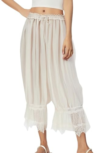 Women Lace Trim Long Bloomers Ruffle Embroidered Pettipants Pantaloons Victorian Vintage Pumpkin Trousers Cropped Pyjama Bottoms (Cute White, L)