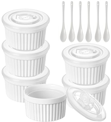 8 oz Porcelain Ramekins Set with Lids and Spoons 6 Pac | Porcelain Creme Brulee Souffle Dishes, Baking Cups for Pudding, Fruits, Dips, Ice Cream, Dishwasher and Oven Safe