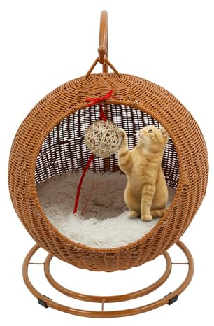 Columpio para gatos de ratán con cojín y tabla para rascar, función de columpio, cesta para gatos como cama y tumbona para interior y balcón (amarillo-marrón)