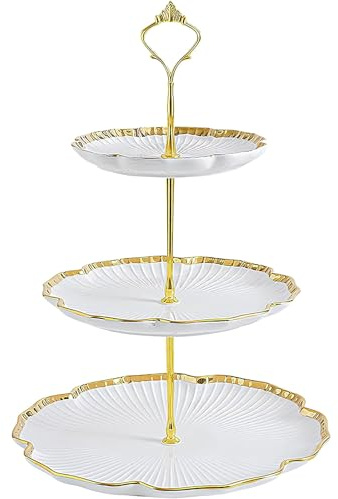 3 Tier Porcelain Cake Stand, Round Dessert Cupcake Stand with God Rod, Ceramic Tiered Cake Holder Tower for Tea Party/Birthday/Wedding Serving (White)