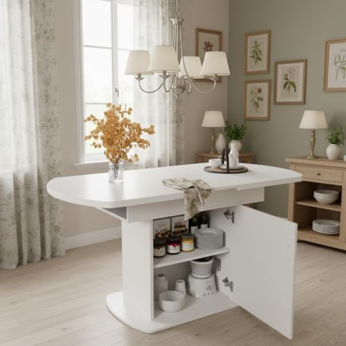 Merax Extendable Dining Table 110/130×70cm Multi-functional Dining Table with Storage,White with Silver Handles