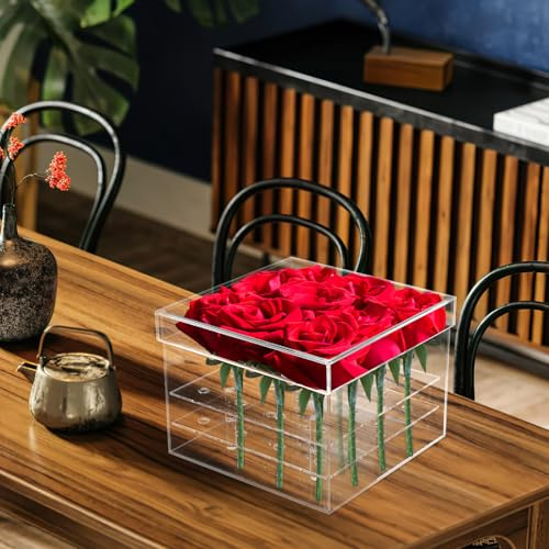 TOGEVAL Caja de Flores Eterna de Acrílico Transparente Cuadrada 20X20X15 CM 16 Agujeros Soporte Floral para Rosas Preservadas Jardinera Práctica para Decoración y Regalos