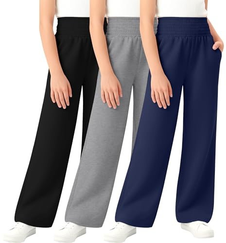 Mumucove 3 Pack Girls Wide Leg Pants High Elastic Waist Flowy Pants Summer Loose Lightweight Trousers for 5-14Y Kids(Black, Light Heather Gray, Navy Blue,13-14 Years)
