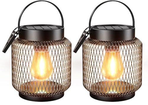 GEARLITE Solcellslampor för utomhusbruk hängande/stående, 2 stycken metallsolcellslyktor för utomhusbruk med större LED-glödlampa, IP65 vattentät lykta för trädgården, balkongen, utomhus, terrasser