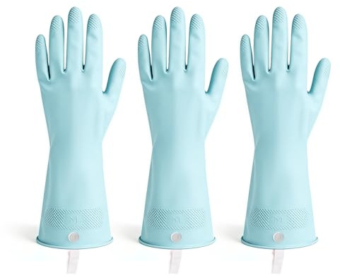 LikGuest Reusable Latex Household Gloves 3 Pairs Non Slip Blue M | Water resistant protection, textured grip, soft lining, ideal for dishwashing, kitchen and bathroom cleaning