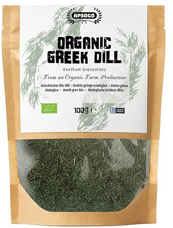 APSOGO Organic Dried Dill Weed (Anethum Graveolens) - Greek Premium Dill Seasoning - Fresh Aromatic Herb for Cooking - Organic Dill Leaves - Resealable Eco Pouch 3.52oz