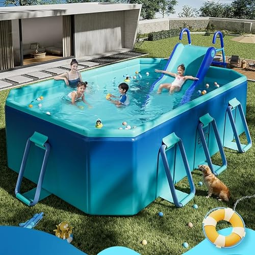 Paddling Pool, Frame Above Ground Non Inflatable Outdoor Family Swimming Pool With Slide Multiple Sizes