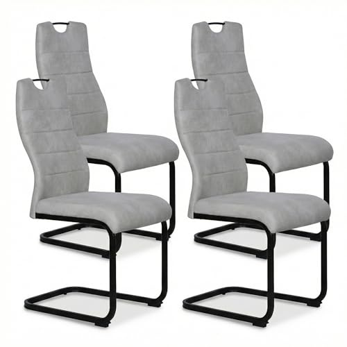 JIEXI Esszimmerstühle 4er Set, Freischwinger Schwingstuhl, Hohe Rückenlehne, Wohnzimmerstuhl 150kg belastbar, Moderner Designstuhl für Esszimmer Küche, Grau