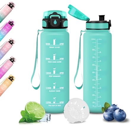 Mujigaga Borraccia 1 Litro, Borraccia Palestra, Bottiglia Motivazionale con Filtro, a Prova di Perdite, Bottiglia Acqua Sportiva con Indicatore del Tempo, Borracce per Fitness, Yoga, Scuola, Campeggio