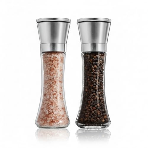 Salt and Pepper Grinder Set, 2 Pack Refillable Salt & Pepper Mills, Adjustable Coarseness Ceramic Grinder, Stainless Steel Glass Manual Pepper Mill for Kitchen Cooking, No Salt or Pepper Included