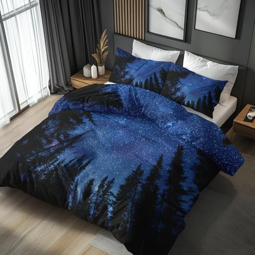 Generico Copripiumino Singolo Foresta Stelle Galassia Blu, Set di Biancheria da Letto in Microfibra 2 Pezzi, Parure Copri Piumino 135x200 e 1 Federa 50x80 con Cerniera T69
