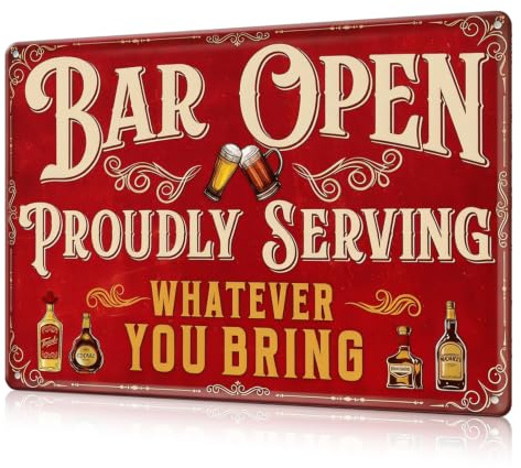 “Bar Open” Vintage Metal Sign—Proudly Serving Whatever You Bring. A fun bar accessory perfect for home bars, man caves, and outdoor garden decor. Iron sign, 8x12 inches.