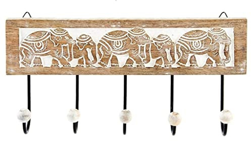 Perchero Pared 5 Colgador Madera Tallada Elefante 38x18 cm