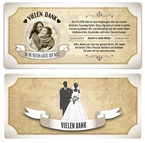 Kartenmachen.de Foto Hochzeit Danksagungskarten individuell ab 10 Stück selbst gestalten - Vintage Brautpaar in Weiß